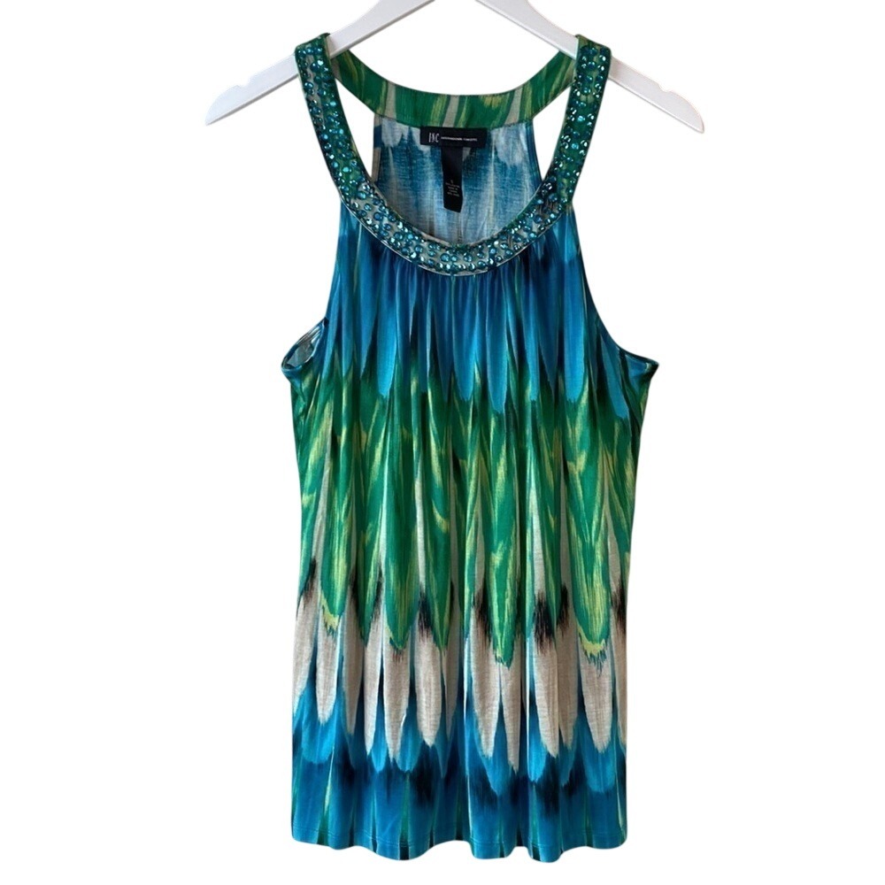 INC International Concepts Women's Peacock Print Beaded Neck Tank‎ Top